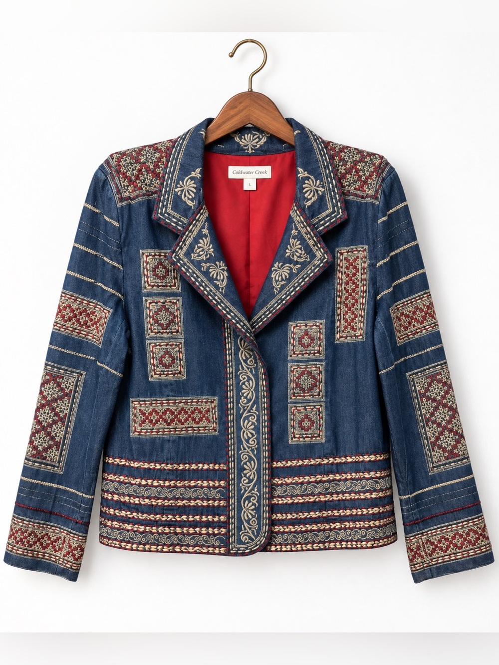 Coldwater Creek Embroidered Denim Jacket Large Tapestry Boho Art To Wear Western